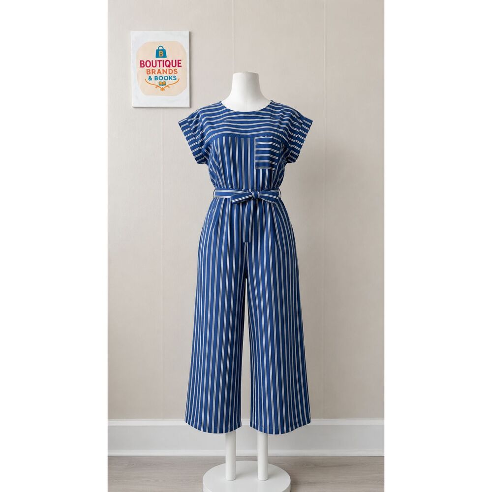 Monteau Los Angeles Blue Striped Belted Wide Leg Jumpsuit Women’s Medium
